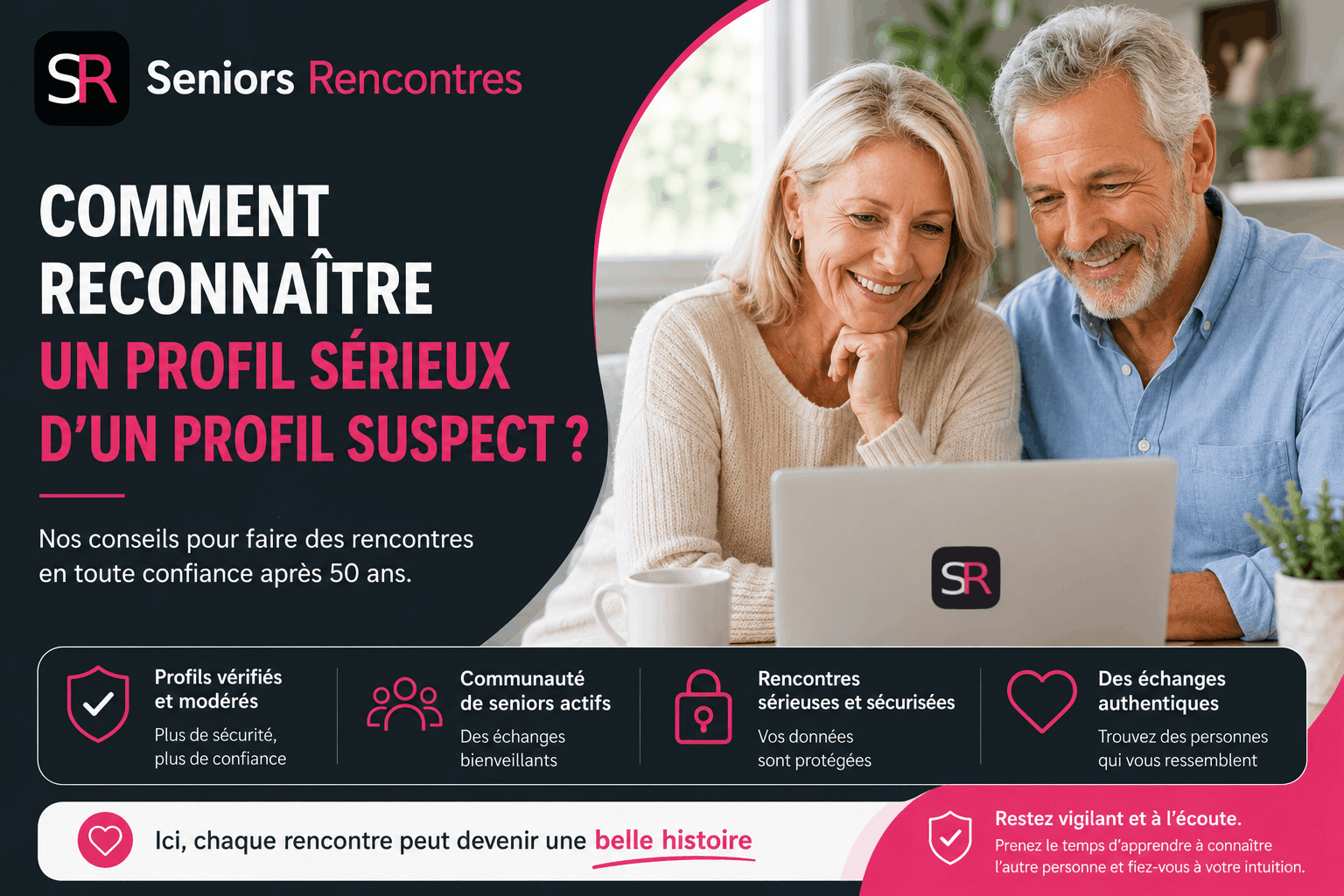 Couple senior consultant un site de rencontre en ligne avec conseils pour reconnaître un profil sérieux et éviter les profils suspects
