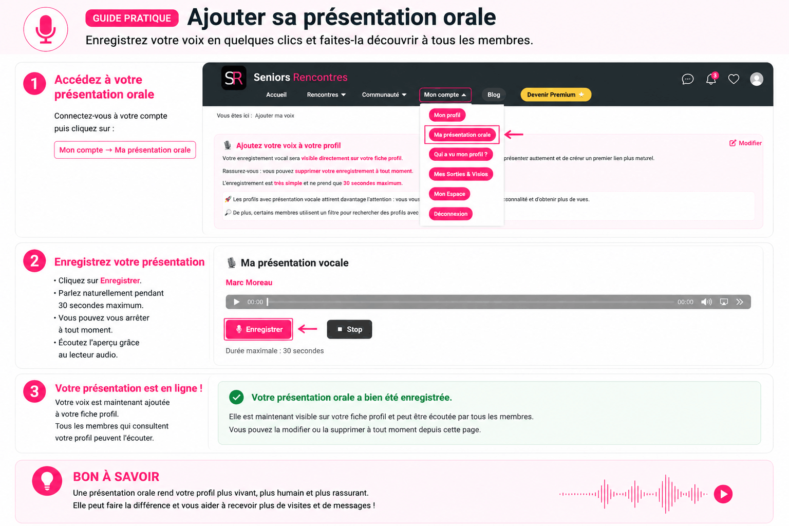 Guide Seniors-Rencontres pour ajouter sa présentation orale au profil