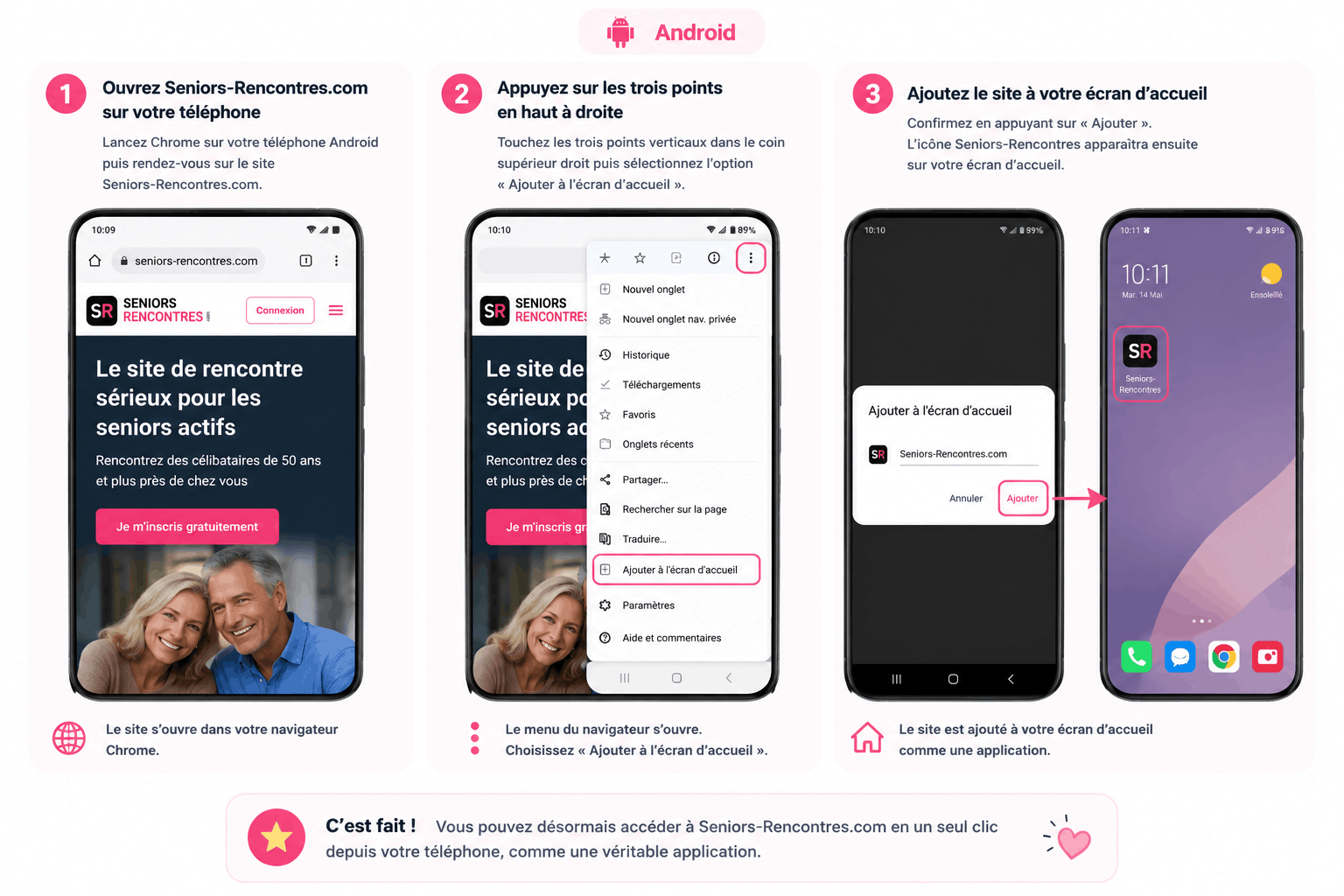 Tutoriel Android pour ajouter Seniors-Rencontres.com sur l’écran d’accueil du téléphone