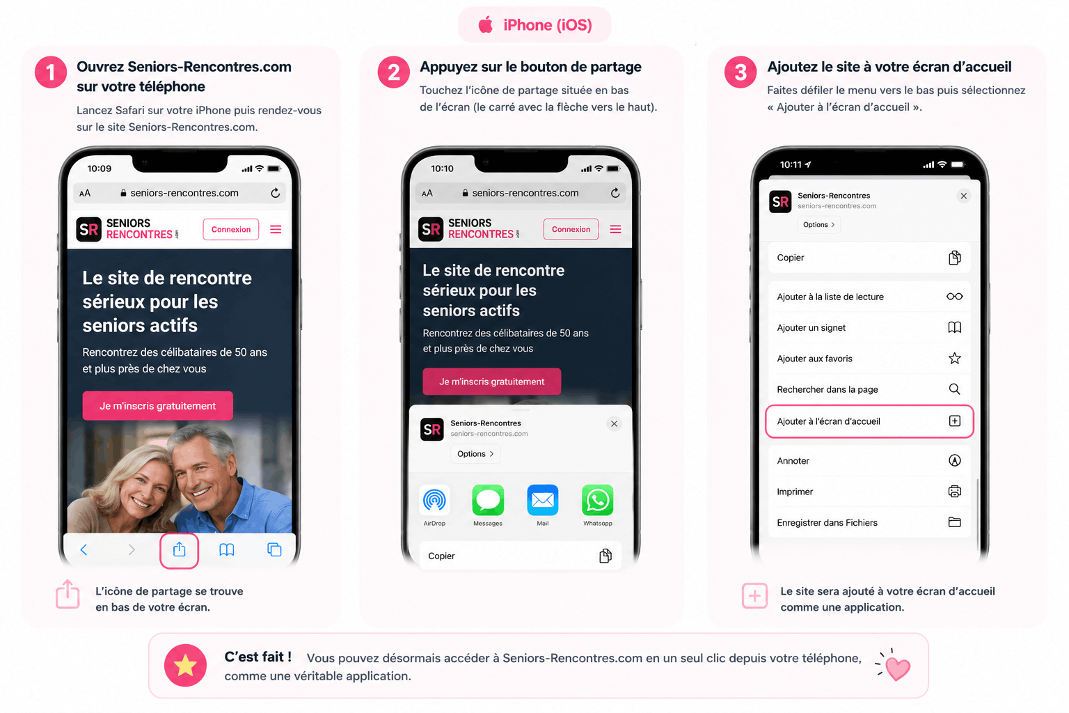 Tutoriel iPhone iOS pour ajouter Seniors-Rencontres.com sur l’écran d’accueil du téléphone