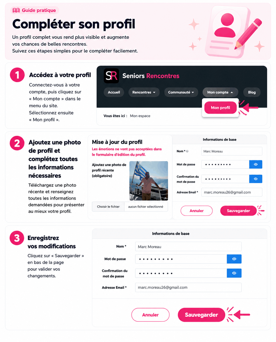Guide Seniors-Rencontres : compléter son profil, ajouter une photo et enregistrer ses modifications