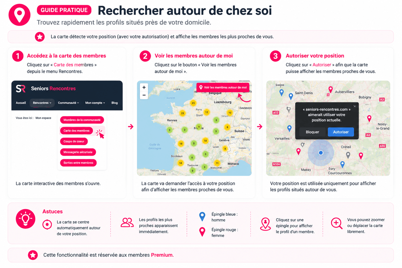 Guide Seniors-Rencontres pour rechercher les profils autour de chez soi avec la carte des membres