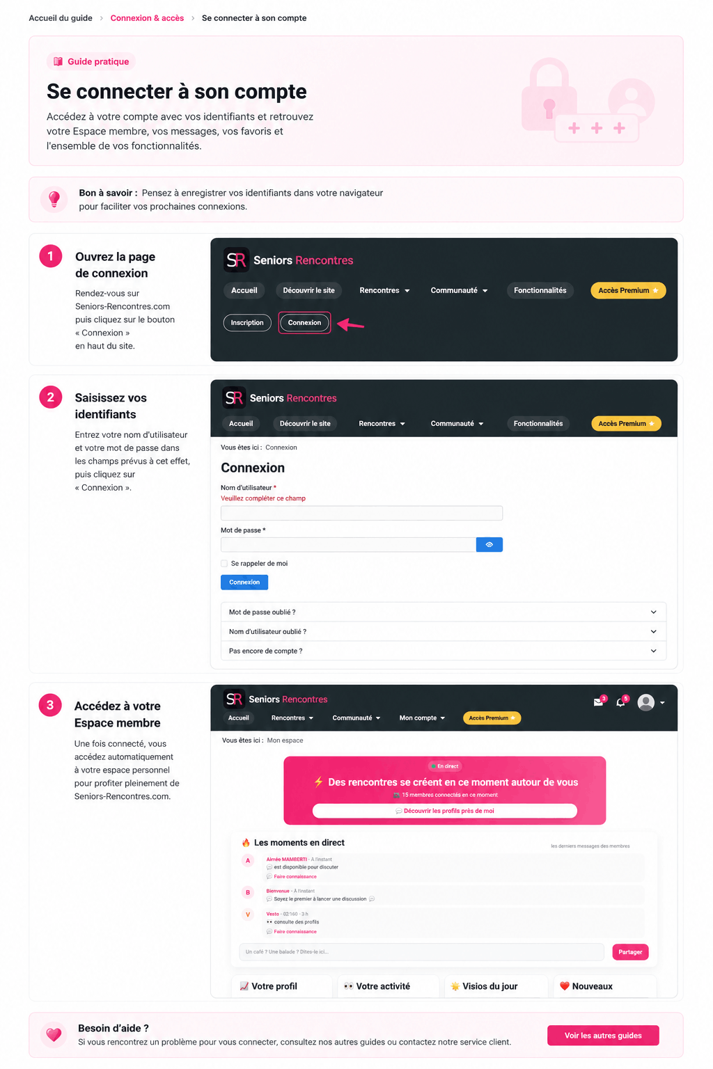 Tutoriel Seniors-Rencontres pour se connecter à son compte et accéder à son espace membre