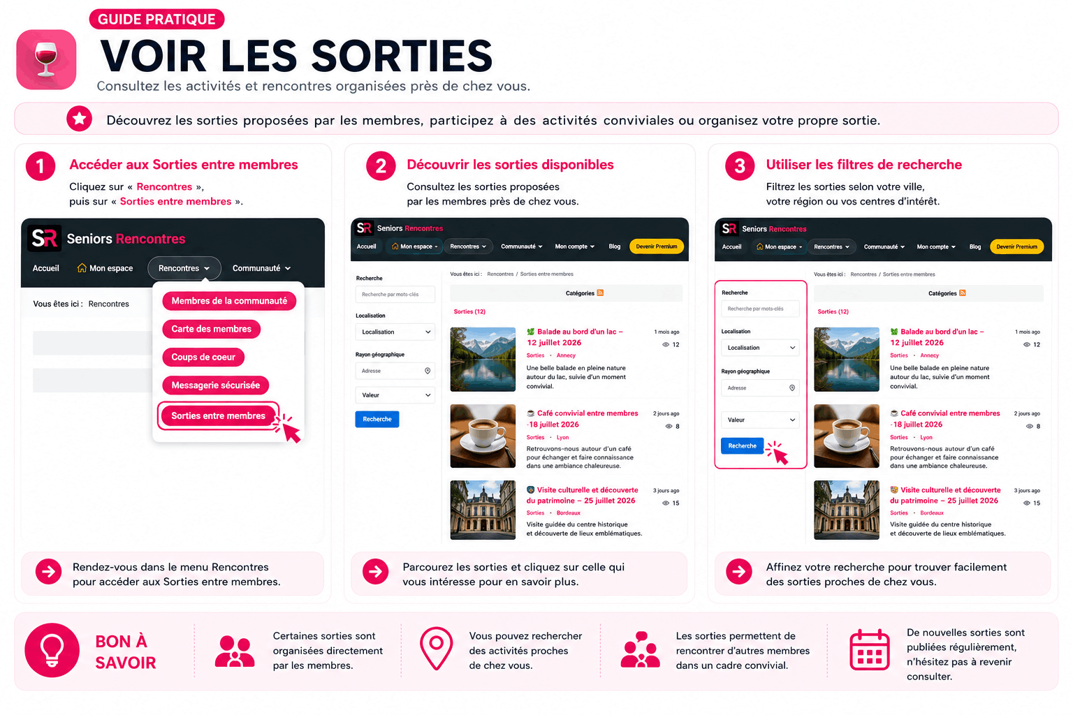 Guide Seniors-Rencontres pour voir les sorties entre membres