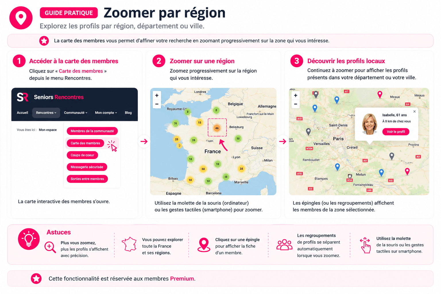 Guide Seniors-Rencontres pour zoomer par région sur la carte des membres