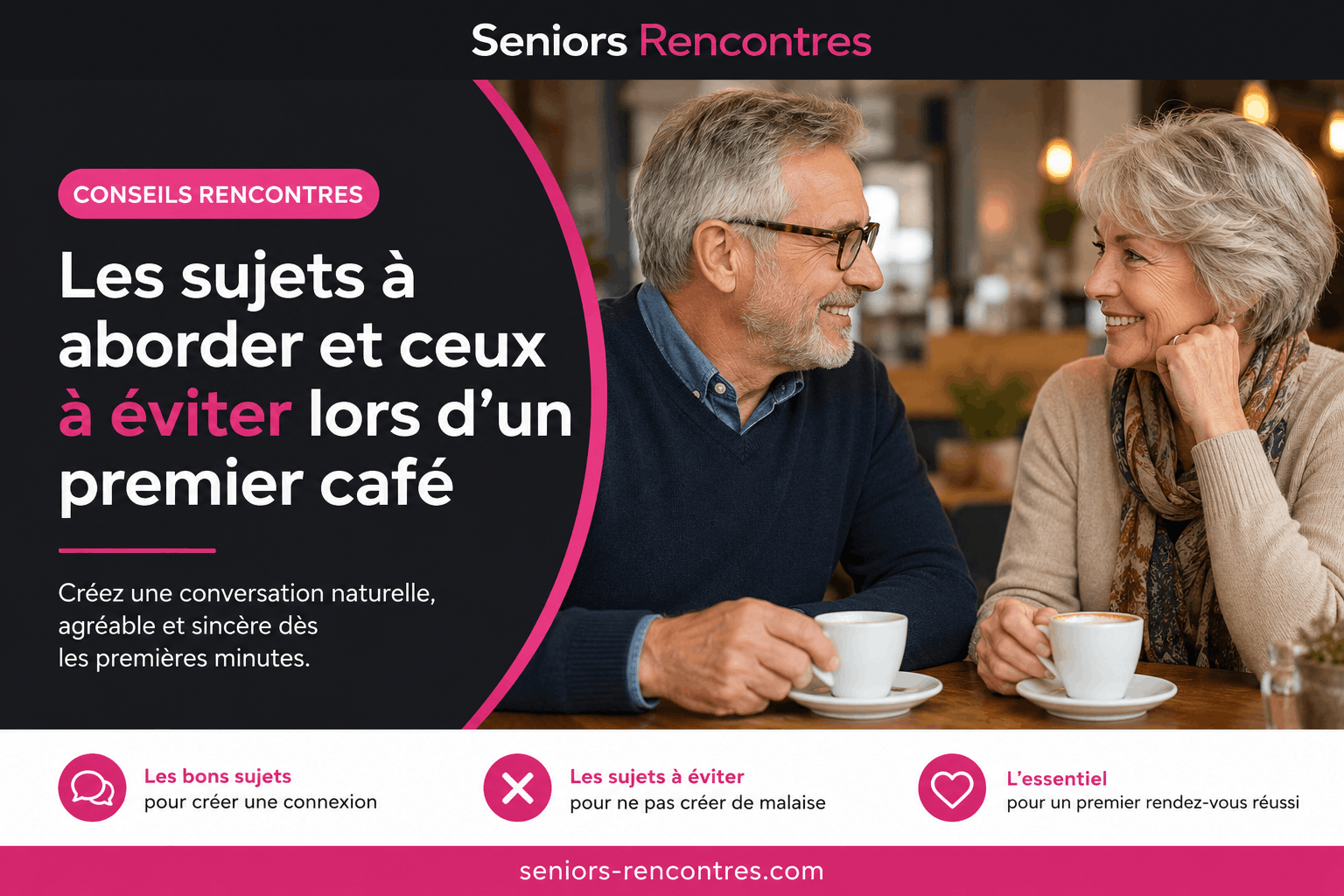 Couple de seniors discutant autour d’un café lors d’un premier rendez-vous après 50 ans