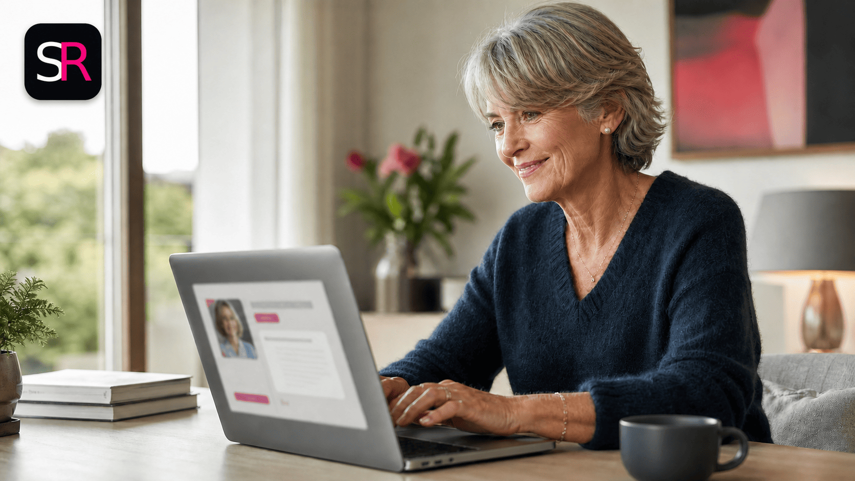 Femme senior écrivant son premier message sur un site de rencontre