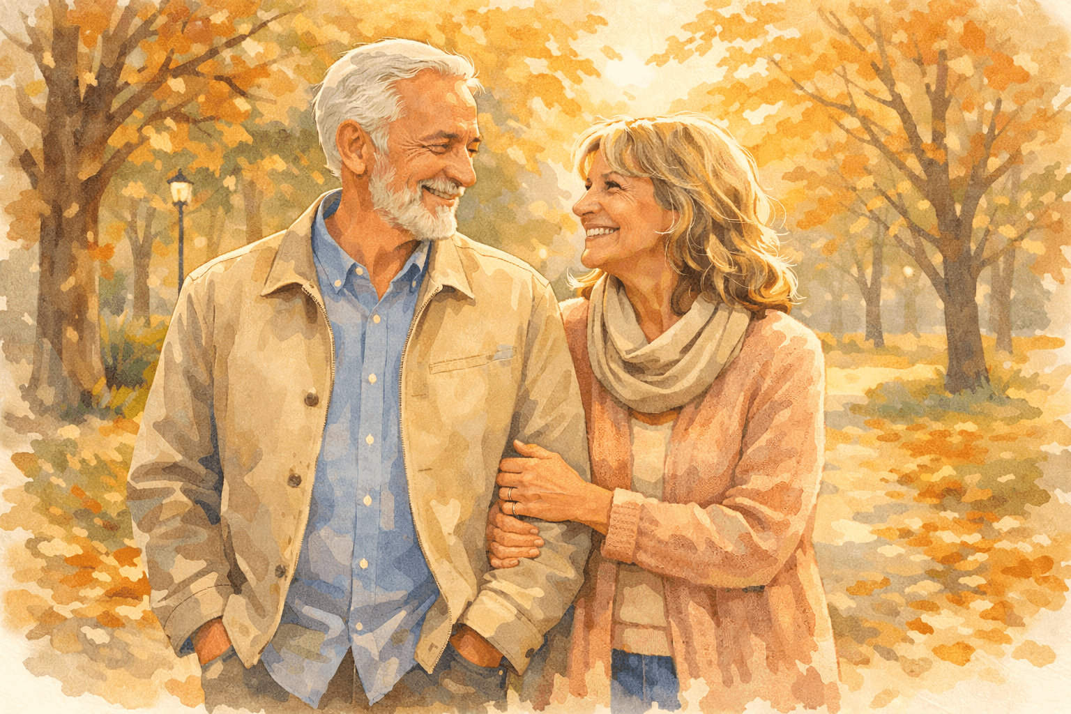 Rencontre senior après divorce : couple de plus de 60 ans marchant ensemble dans un parc, ambiance sereine