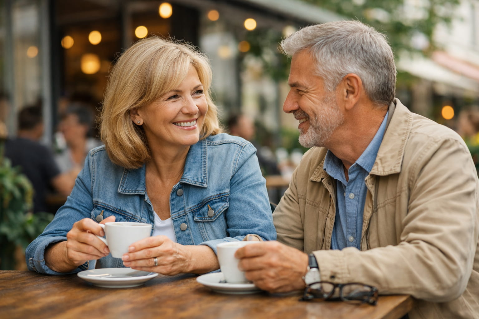 Rencontre senior gratuite entre deux personnes de plus de 50 ans échangeant dans une ambiance conviviale