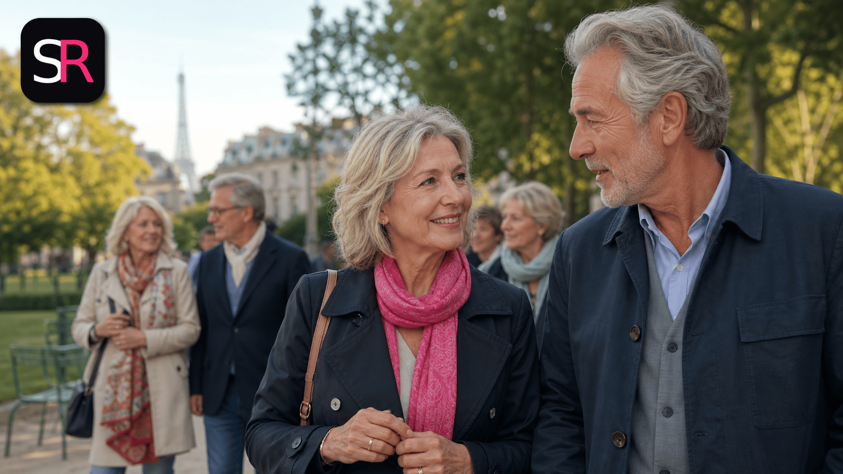 Seniors célibataires faisant connaissance pendant une sortie dans un jardin parisien