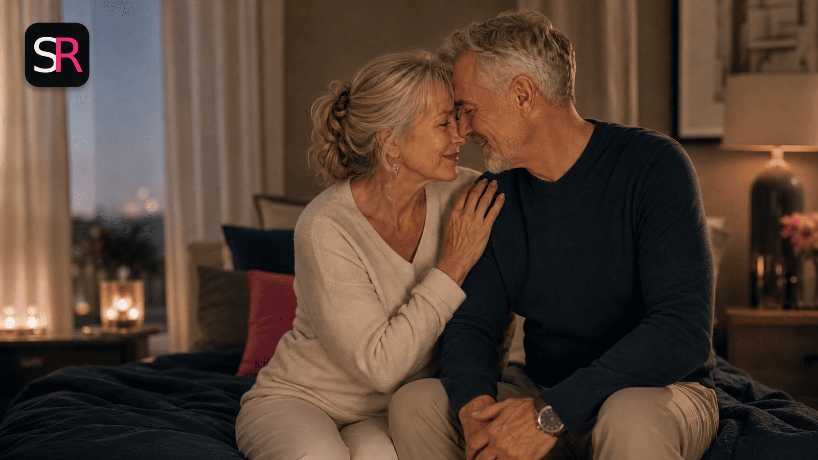 Couple senior partageant un moment d’intimité et de complicité après 60 ans