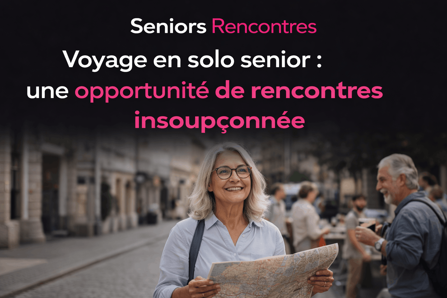 Senior en voyage solo tenant une carte et faisant des rencontres dans une ville européenne après 50 ans